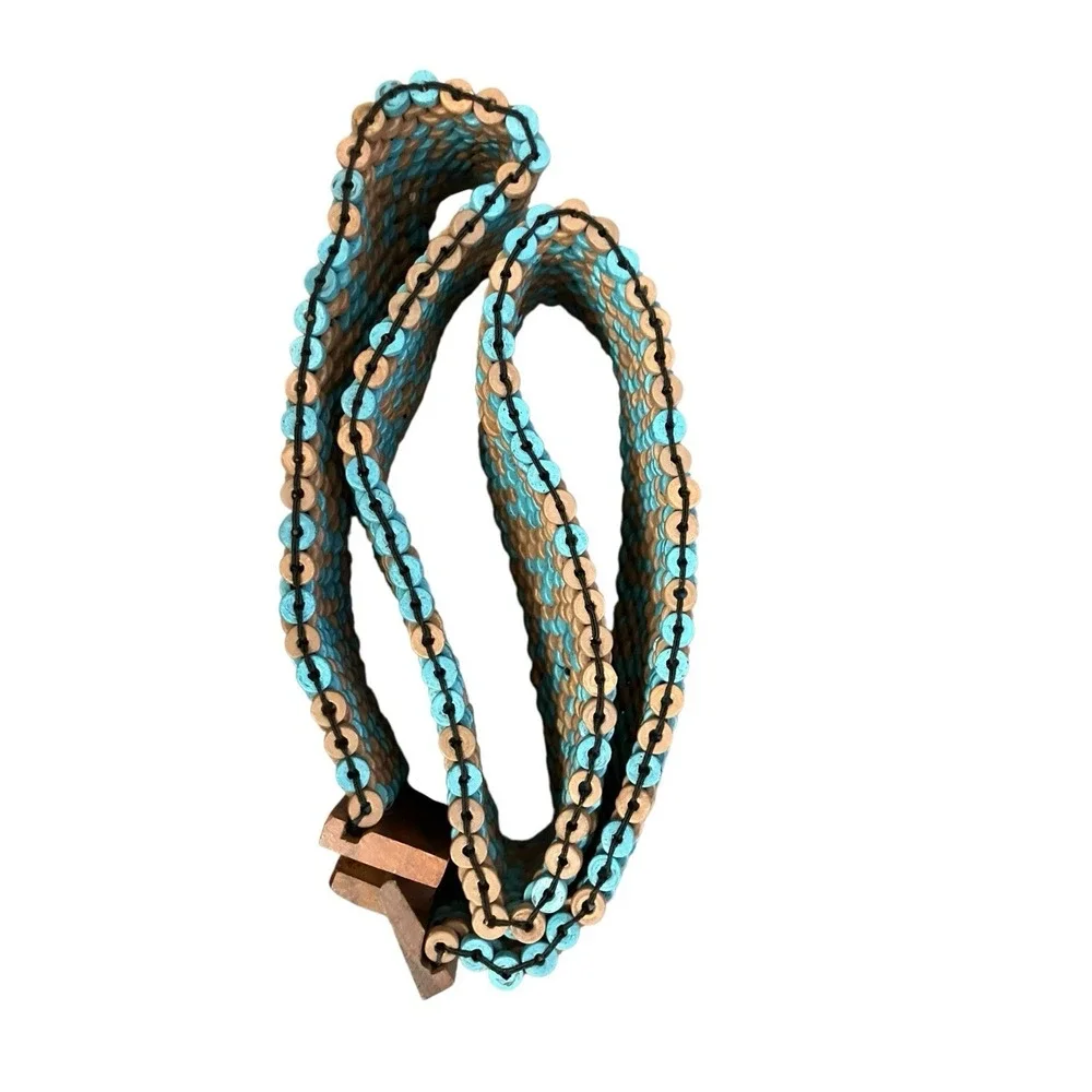 Wood Bead Belt Weatern Turquoise Tan Stretch Statement Wood Interlock Buckle 31